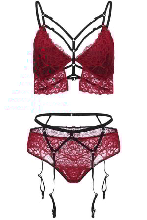 Lenjerie erotică - Set lenjerie erotica, top si chiloti brazilieni cu jartiere atasate WSY-4003