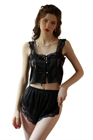Lenjerie erotică - Set lenjerie erotica, cu accente de dantela, crop sexy si pantaloni scurti YCFS-2248negru