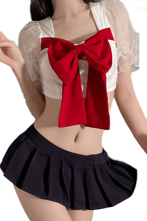 Lenjerie erotică - Set lenjerie erotica, top accesorizat cu fundita si fusta scurta GJ2678
