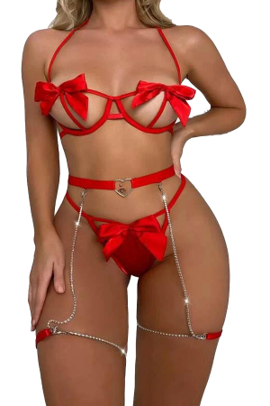 Lenjerie erotică - Set lenjerie erotica, sutien, chiloti tanga si centura portjartier cu benzi MDD-T916rosu