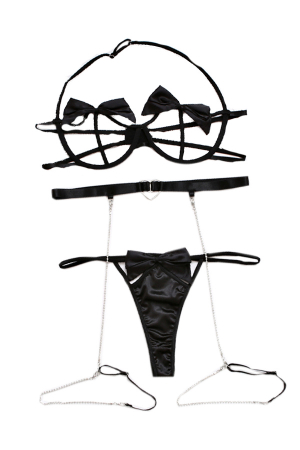 Lenjerie erotică - Set lenjerie erotica, sutien, chiloti tanga si centura portjartier cu benzi MDD-T916negru