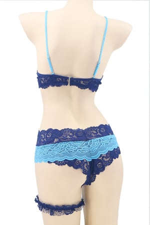 Lenjerie erotică - Set lenjerie sexy cu dantela, sutien, chiloti brazilieni si accesoriu TY-LX133albastru