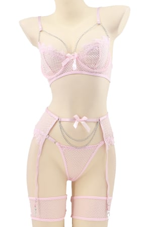 Lenjerie erotică - Set lenjerie erotica, sutien, chiloti tanga si portjartier cu jartiere TY-LX153roz deschis