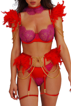 Lenjerie erotică - Set lenjerie erotica cu dantela si puf, sutien, portjartier, chiloti tanga si accesoriu FS-Z2850rosu
