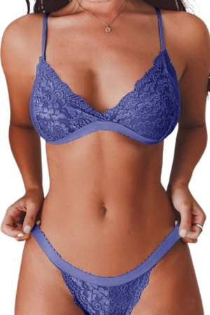 Damă - Set lenjerie sexy, cu dantela, sutien si chiloti tanga YMR-2030bleumarin