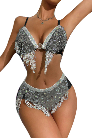 Lenjerie erotică - Set lenjerie erotica tip belly dance cu paiete si franjuri, sutien si chiloti sexy TY-LX198negru