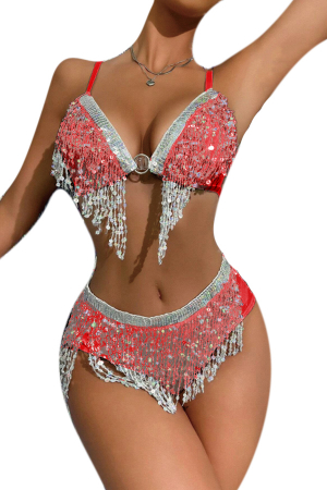 Lenjerie erotică - Set lenjerie erotica tip belly dance cu paiete si franjuri, sutien si chiloti sexy TY-LX198rosu