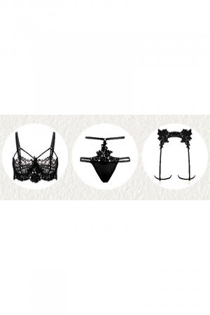 Lenjerie erotică - Set lenjerie erotica, top sexy, chiloti tanga si portjartier GJ431negru