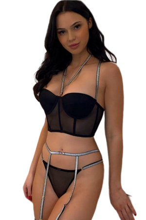 Lenjerie erotică - Set lenjerie erotica, top sexy, chiloti tanga si portjartier MDD591negru
