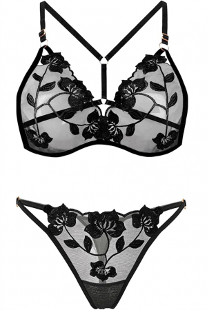 Lenjerie erotică - Set lenjerie erotica transparenta cu dantela brodata, sutien si chiloti tanga LH9304negru