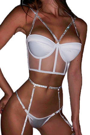 Lenjerie erotică - Set lenjerie erotica, top sexy, chiloti tanga si portjartier MDD591alb