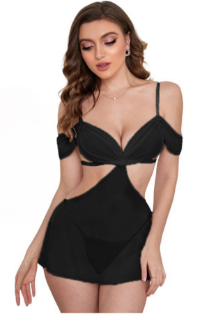 Lenjerie erotică - Set lenjerie erotica transparenta, rochita decupata si chiloti tanga TY-S658negru