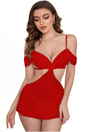 Lenjerie erotică - Set lenjerie erotica transparenta, rochita decupata si chiloti tanga TY-S658rosu