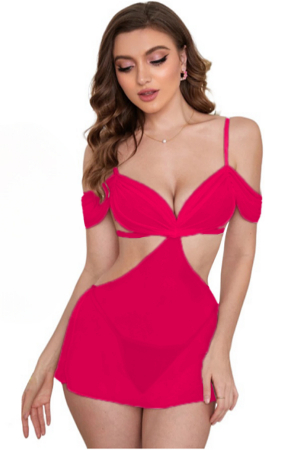 Lenjerie erotică - Set lenjerie erotica transparenta, rochita decupata si chiloti tanga TY-S658fucsia