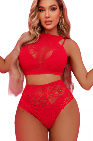Lenjerie erotică - Set lenjerie erotica transparenta, tip plasa, top si chiloti cu talie inalta YD-9182rosu