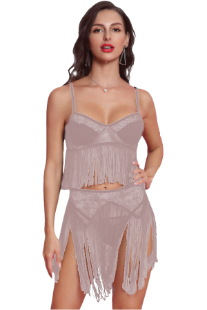 Lenjerie erotică - Set lenjerie senzuala cu franjuri, top, fustita si chiloti tanga TY-S440maro