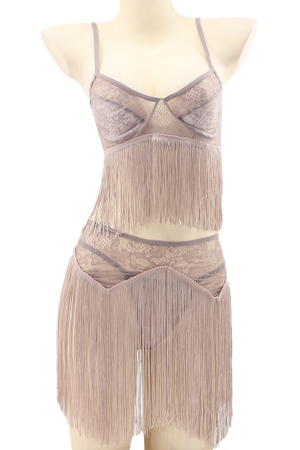Lenjerie erotică - Set lenjerie senzuala cu franjuri, top, fustita si chiloti tanga TY-S440maro