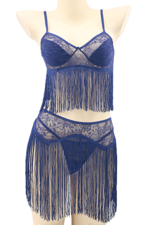 Lenjerie erotică - Set lenjerie senzuala cu franjuri, top, fustita si chiloti tanga TY-S440bleumarin