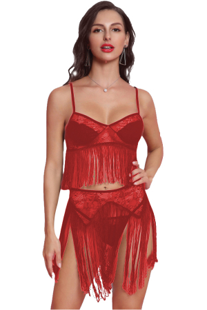 Lenjerie erotică - Set lenjerie senzuala cu franjuri, top, fustita si chiloti tanga TY-S440rosu