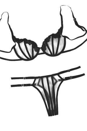 Lenjerie erotică - Set lenjerie senzuala, sutien cu insertii dantela si chiloti tanga TY-LX77negru