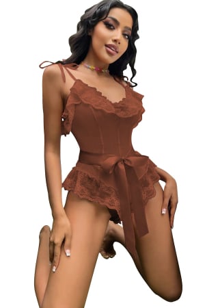Lenjerie erotică - Set sexy, body semitransparent cu dantela, cordon si chiloti tanga TY-L101maro