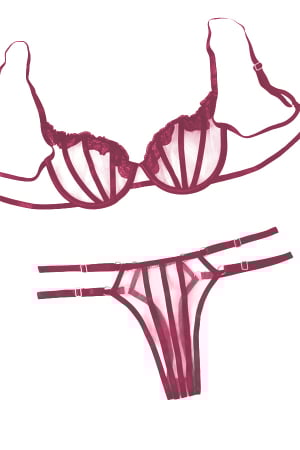 Lenjerie erotică - Set lenjerie senzuala, sutien cu insertii dantela si chiloti tanga TY-LX77visiniu