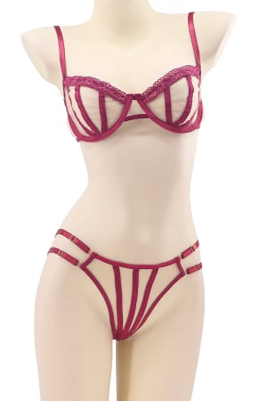Lenjerie erotică - Set lenjerie senzuala, sutien cu insertii dantela si chiloti tanga TY-LX77visiniu