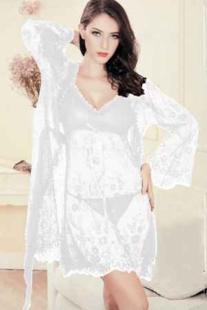 Halate - Set lenjerie sexy transparenta cu dantela, halat, rochita si chiloti tanga TY-321alb