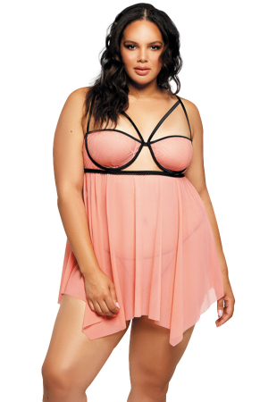 Lenjerie erotică - Set lenjerie sexy, camasa de noapte si chiloti tanga TY-PLUS112roz