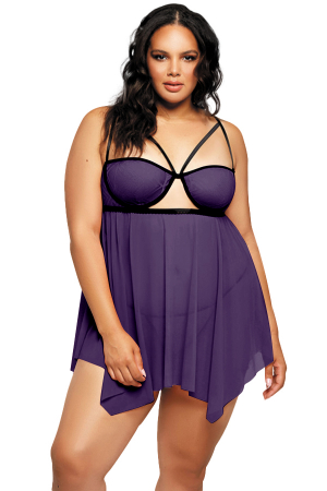 Lenjerie erotică - Set lenjerie sexy, camasa de noapte si chiloti tanga TY-PLUS112mov inchis