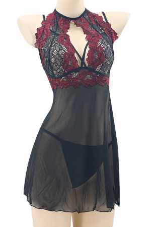 Lenjerie erotică - Set sexy cu dantela brodata, camasa de noapte si chiloti tanga TY-PLUS13negru