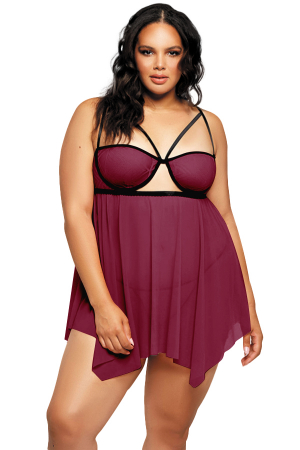 Lenjerie erotică - Set lenjerie sexy, camasa de noapte si chiloti tanga TY-PLUS112mov deschis