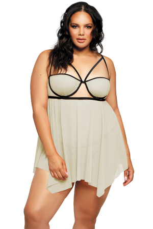 Lenjerie erotică - Set lenjerie sexy, camasa de noapte si chiloti tanga TY-PLUS112bej