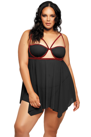 Lenjerie erotică - Set lenjerie sexy, camasa de noapte si chiloti tanga TY-PLUS112negru