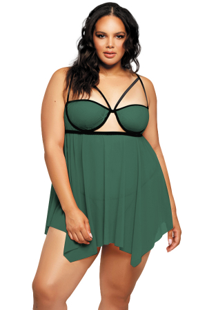 Lenjerie erotică - Set lenjerie sexy, camasa de noapte si chiloti tanga TY-PLUS112verde