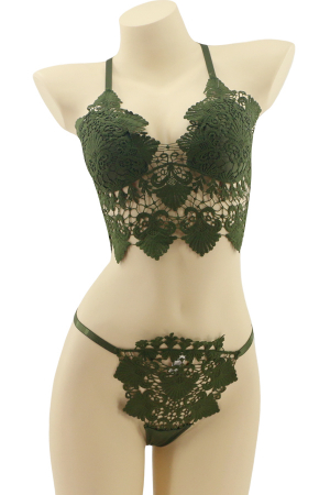 Lenjerie erotică - Set lenjerie sexy cu broderie, top si chiloti tanga MG-37619verde