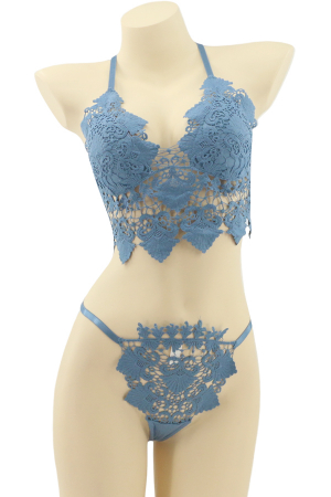 Lenjerie erotică - Set lenjerie sexy cu broderie, top si chiloti tanga MG-37619albastru