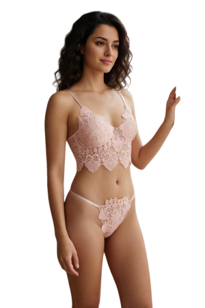 Lenjerie erotică - Set lenjerie sexy cu broderie, top si chiloti tanga MG-37619roz deschis