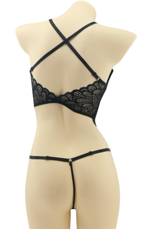 Lenjerie erotică - Set lenjerie sexy cu broderie, top si chiloti tanga MG-37619negru