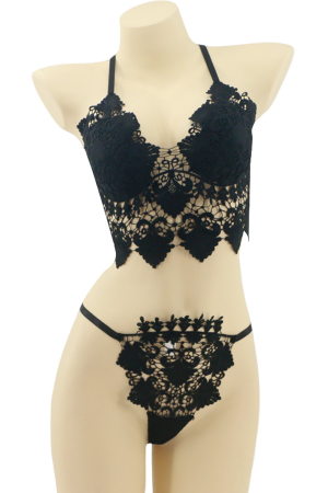 Lenjerie erotică - Set lenjerie sexy cu broderie, top si chiloti tanga MG-37619negru