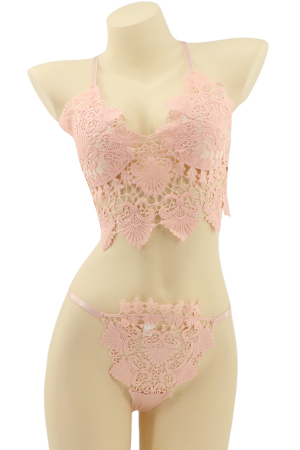 Pret unic 9.99 Lei - Set lenjerie sexy cu broderie, top si chiloti tanga MG-37619roz deschis