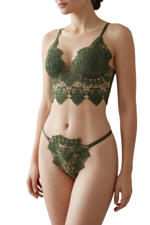 Lenjerie erotică - Set lenjerie sexy cu broderie, top si chiloti tanga MG-37619verde
