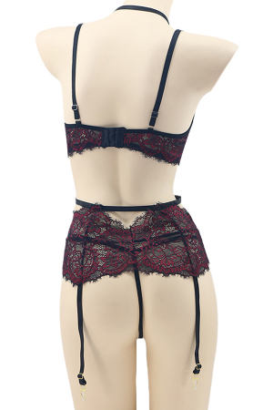 Lenjerie erotică - Set lenjerie sexy cu dantela, sutien, portjartier si chiloti tanga TY-LX140visiniu