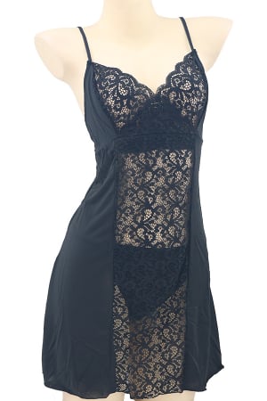Lenjerie erotică - Set sexy cu dantela si aspect satin, camasa de noapte si chiloti tanga TY-PLUS79negru