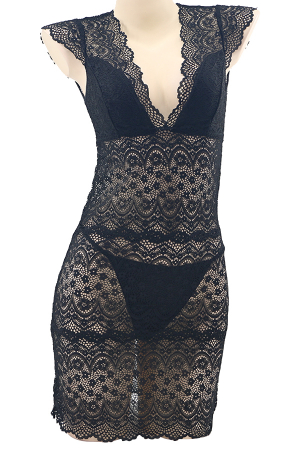 Lenjerie erotică - Set lenjerie sexy cu dantela, camasa de noapte si chiloti tanga TY-S471negru