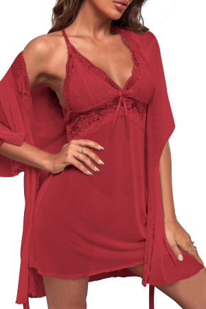 Halate - Set lenjerie sexy cu dantela, halat, camasa de noapte si chiloti tanga TY-664visiniu