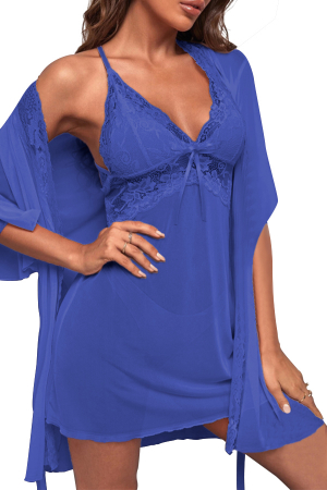 Halate - Set lenjerie sexy cu dantela, halat, camasa de noapte si chiloti tanga TY-664albastru