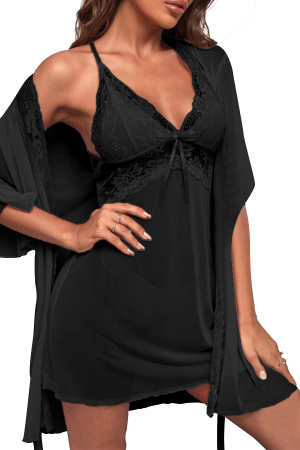 Halate - Set lenjerie sexy cu dantela, halat, camasa de noapte si chiloti tanga TY-664negru