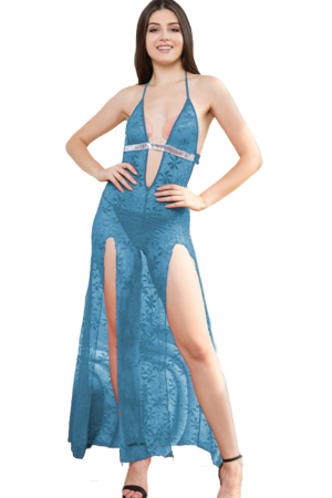 Lenjerie erotică - Set sexy cu dantela, rochie cu aplicatii paiete si chiloti tanga TY-1920Hturcoaz