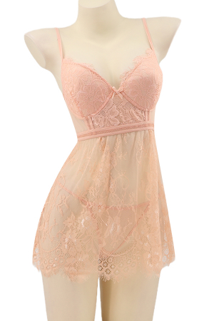 Lenjerie erotică - Set lenjerie sexy cu dantela, rochita si chiloti tanga TY-S725roz deschis